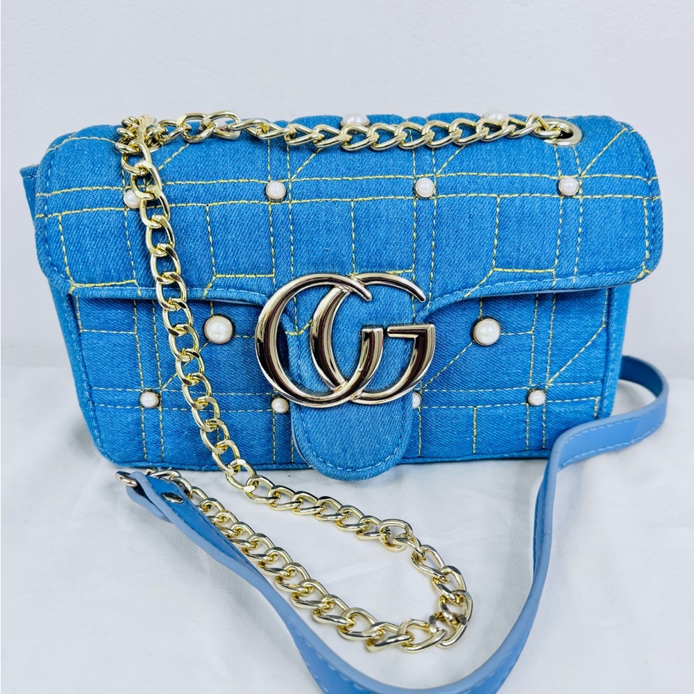 Chic Summer Blue Jean Quilted Crossbody Bag with Gold Chain and Pearl Studs